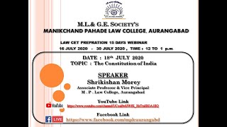 The Constitution Of India . By Shrikishan Morey in Law MHCET Preparation Webinar