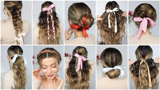 10 EASY HEASTLESS HAIRSTYLES WITH A RIBBON 🎀 MEDIUM & LONG HAIRSTYLES