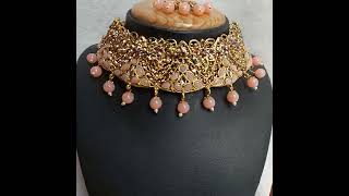 Antique / Traditional Oxidized Gold plated Choker Necklace Set in Peach JIA1035