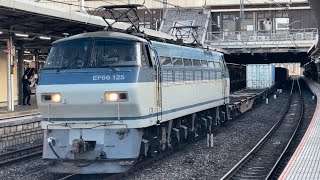 【ジョイント音最高！】JR貨物EF66形100番台125号機＋コキ21B（両）が大宮駅10番線を通過するシーン（4093レ・吹A9・コンテナ輸送）2025.1.15