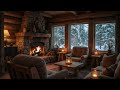 snowfall at cozy winter cabin ambience 🏠🎹 slow piano music u0026 fireplace sounds for relaxation 🔥