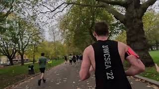 Running 45' at the Runthrough 10K race in Victoria Park, London