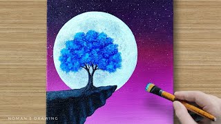Moonlight Acrylic painting Step by Step | Blue Tree Painting