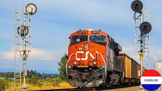 An eastbound CN empty coal train splits a pair of searchlight signals around 157 Street, Surrey, BC