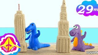 Dinosaur Makes Sandcastles with Sand \u0026 Play at the Beach - Video for Kids