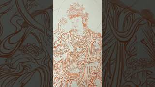 朱砂洒金文殊菩萨像 | 陈琪写像 | Chinese line drawing