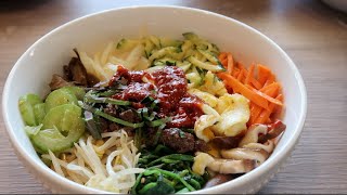 Bibimbap: Korean mixed rice with ground beef and assorted vegetables