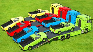 TRANSPORTING COLORED PICKUP CARS WITH COLORED MAN TRUCKS - Farming Simulator 22