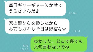 子供の夜泣きに夫が「うるさいな！」と言った。ある日、買い物から帰るとドアが開かず、夫は「鍵を変えたよ」と言った。私「えっ？」