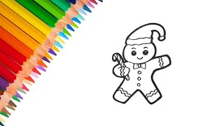 How to Draw Christmas Gingerbread Man | Step by Step Drawing and Coloring for Kids and Toddlers