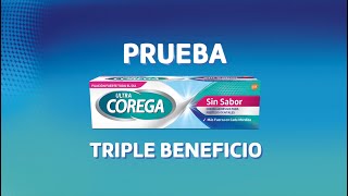 Ultra Corega, triple beneficio, fijación fuerte, bloqueo de partículas de comida y mayor comodidad.