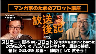 マンガ家のためのプロット講座＜第2期＞【後期】｜スリラーの脚本からプロット的な技術を紐解いてわかった次から次へのハラハラドキドキ、興味の持続、情報の出し方の順番…抽象化して試そう！｜放送後記｜第52回