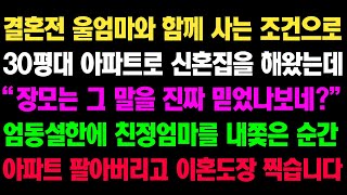 (실화사연) 결혼전 울엄마와 함께 사는 조건으로 30평대 신혼집 해왔는데 “장모는 그 말을 진짜 믿었나보네?” 엄동설한에 친정엄마를 내쫓은 순간 아파트 팔아버리고 이혼도장 찍습니다