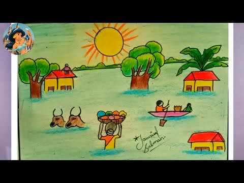 How To Draw Village Scenery Of Flood Step By Step || Easy Village Flood ...