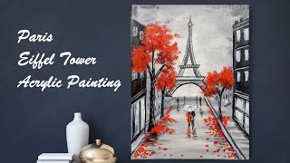 Paris Eiffel Tower Canvas Painting, Spring Season, Step by step tutorial, Easy for Beginners