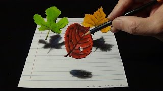 Three Leaves, 3D Drawing on Lined Paper, Tricky Art