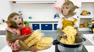 Monkey Bim Bim goes to Kinder Joy eggs supermarket and buys noodles to prepare for breakfast