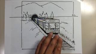 あしげの手描きスケッチパース006（1消点図法で絵を描いてみる）subtitle : Draw a picture with the 1 vanishing point method.