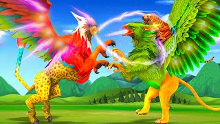 जादूई विशाल ईगल चीता और भयानक ईगल शेर की लड़ाई Magical Giant Eagle Cheetah and Griffin Fight \u0026 Tiger