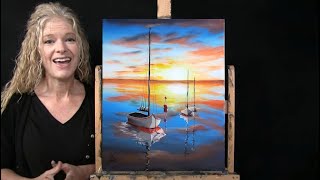 Learn How to Draw and Paint SUNRISE SAILBOATS with Acrylics-Paint and Sip at Home Seascape Art Video