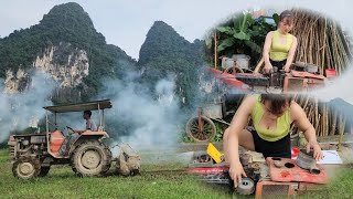 Young girl and agricultural machine in a beautiful country