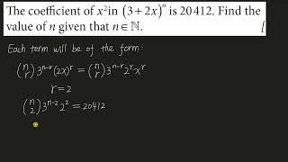 The coefficient of x^2 in (3 + 2x)^n is 20412. Find the value of n given that n ∈ N.