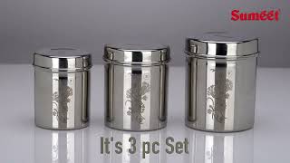 Sumeet Designer Stainless Steel Vertical Canisters/Storage Containers Set of 3Pc 400ml,500ml,750ml