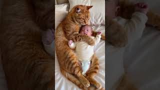 Cat sleeping with baby