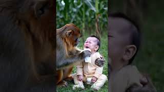 The baby kept crying when he was hungry, and Brother Monkey teased the baby with a bowl of rice in