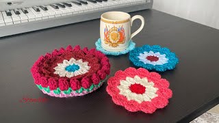 Crochet Coaster Set + Tulip Basket - Perfect for Gift Set