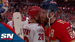Florida Panthers And Carolina Hurricanes Exchange Handshakes Moments After A Four-Game Series Sweep