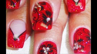 Red and Black Flower Nail Art design | Elegant Chevron Nails with Bling!