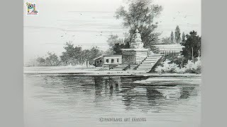 Temple and Lake In A Simple Scenery Pencil Art || Nature Easy Pencil Art