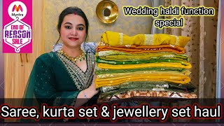 Myntra wedding haldi function wear Yellow Saree \u0026 kurta set haul (styling look) @poojachoyalshorts