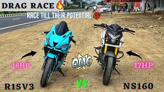 R15v3  vs Ns160 - Drag Race🔥/Race Till Their Potential💪/Close Calls🤯/Result!?/@Track_Twister