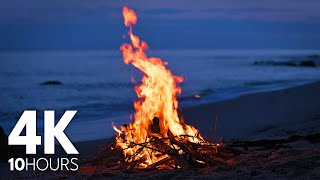 BEACH CAMPFIRE HAVEN | 10 Hours of Relaxing Fire and Soothing Ocean Sounds for Tranquil Calm in 4K