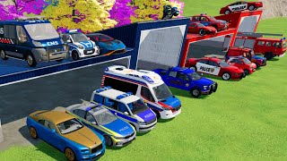 TRANSPORTING CARS, AMBULANCE, POLICE CARS, FIRE TRUCK OF COLORS! WITH TRUCKS! - FS 22