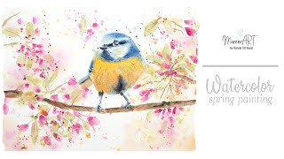 Watercolor painting part 4 - robin in blossom + FREE sketch
