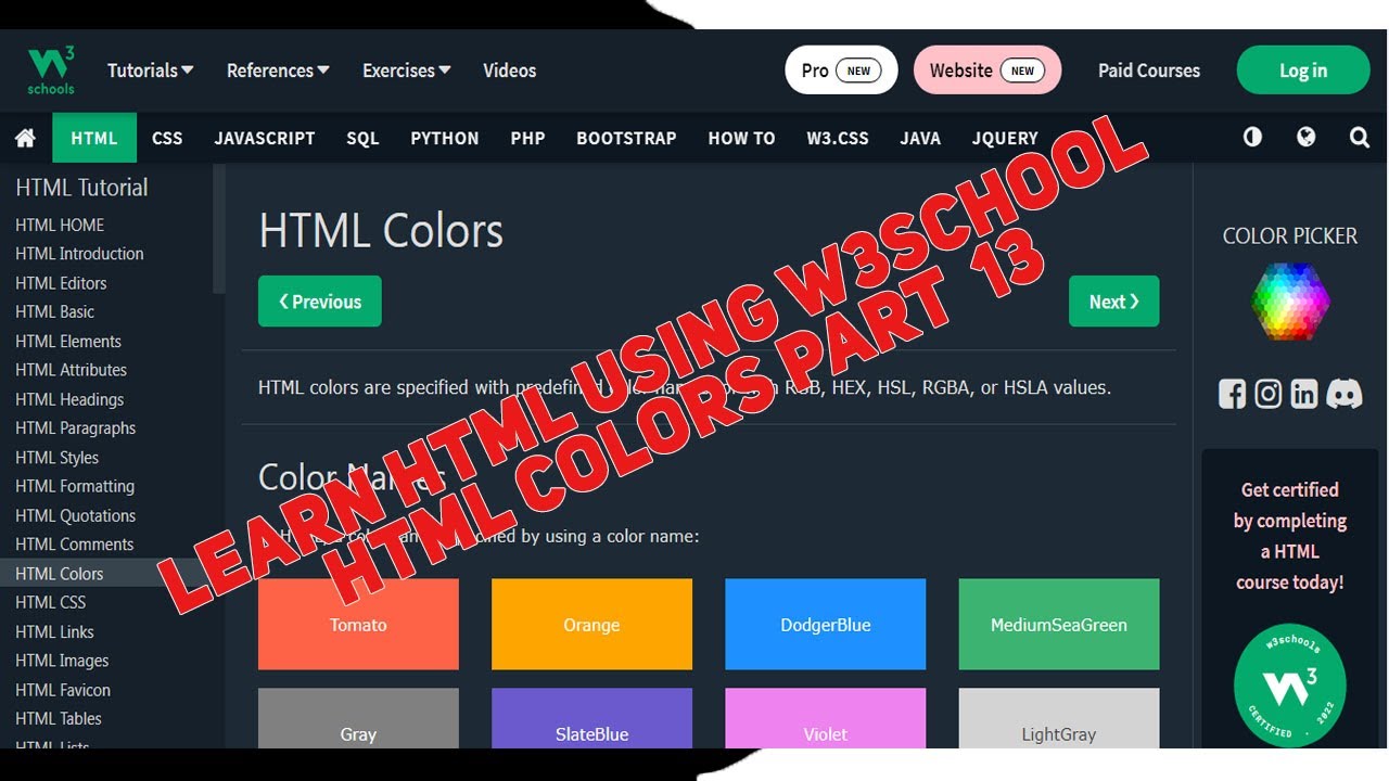 Learn HTML Using W3school HTML Colors Part 13 - YouTube