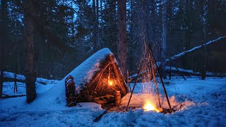 Bushcraft Trip - Solo Winter Overnighter, Primitive Shelter, Wind Snow, Survival, Extreme Cold