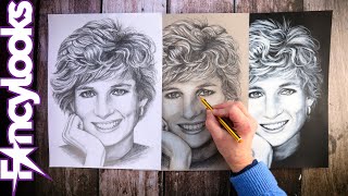 Una foto y tres retratos distintos de Lady Diana, paso a paso