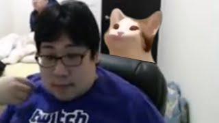 Cat popping meme on fat guy