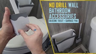 No Drill Modern Bathroom Silicone Toilet Brush & Garbage Trash Can Install and Review