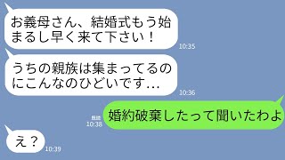 【LINE】結婚式当日、夫家族がまさかの全員欠席…。私「何で来ないんですか⁉︎」婚約者母「婚約破棄したんでしょ？」→夫に問いただしたら衝撃の事実が判明して…