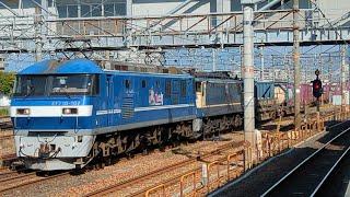 【ムド付き貨物列車の豪快なジョイント音！】JR貨物 EF210-107号機+EF65 2081号機+コキ22B 吹A148仕業[5085レ] 吹田タ行 西大路駅通過！[2023.11.05(日)]