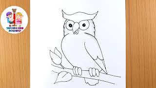 Cute owl bird sitting on a tree pencil and pen drawing@Taposhikidsacademy