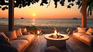 Peaceful Resort Ambience Overlooking The Sea | Water, Crackling Fire, Crickets, Wave Sounds