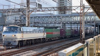 【約２時間半遅れ】JR貨物EF66形100番台118号機＋コキ23B（両）が鶴見駅を通過するシーン（66レ・吹A6・コンテナ輸送）2024.1.6