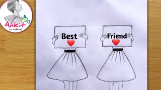 Best friend ❤pencil sketch - step by step /very easy/how to draw friendship day drawing /bff drawing