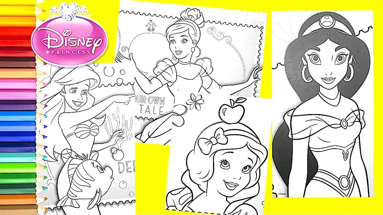 Disney Princess Snow White, Ariel, Cinderella & Jasmine Coloring Pages ...